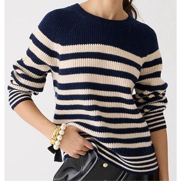 J. Crew Ribbed cashmere oversized crewneck sweater size L Striped Cream Navy - Picture 1 of 11